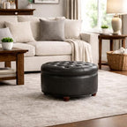 HomePop 25" Button Tufted Round Storage Ottoman - Black Faux Leather - color: Black Faux Leather