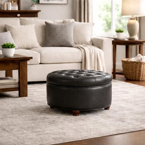 HomePop 25" Button Tufted Round Storage Ottoman - Black Faux Leather - color: Black Faux Leather