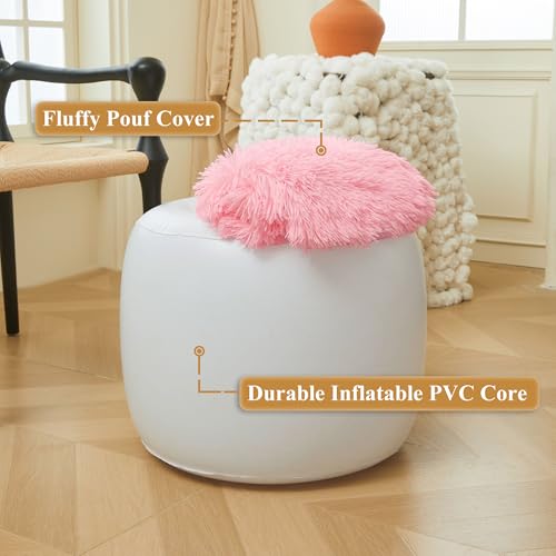 XeGe Fluffy Faux Fur Inflatable Pouf Ottoman, Cozy Shaggy Fuzzy Foot Stool, Plush Furry Foot Rest Floor Pouf Anti-Slip Kid Girl Adult, Foldable Round Ottoman Cushion for Living Room Bedroom, Pink - color: Pink, size: 20"x20"x16"