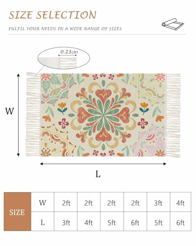 Beige Boho Area Rugs 4' x 6', Retro Ethnic Shabby Colorful Floral Patterned Woven Cotton Tassels Bedroom Rugs, Accent Rug Floor Carpet for Living Room NurseryRoom Dining Room Bedside Office Patio - color: Multicolor Linen, size: 4' x 6' (Rectangular)