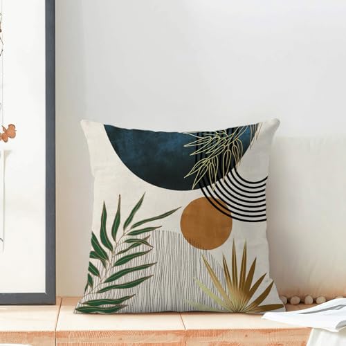 Boho Pillow Covers 16x16 Set of 2 Green Gold Navy Blue Throw Pillow Covers Mid Century Bohemian Style Tropical Leaf Pillowcase Farmhouse Decorative Cushion Case For Home Sofa Outdoor Decoration - color: Mid Century-navy Blue, size: 16" x 16" (Pack of 2)