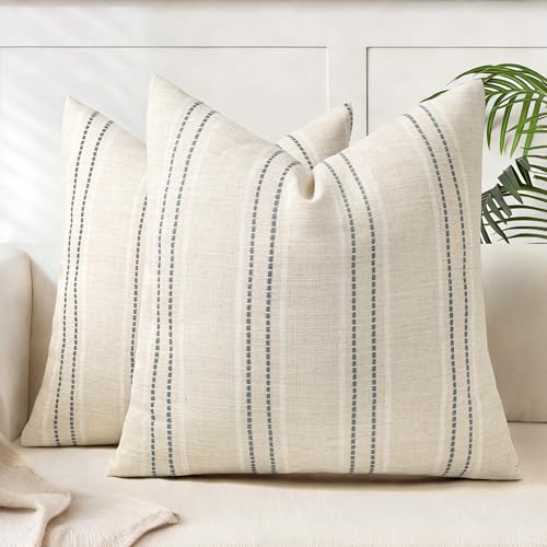 AELS 20x20 Decorative Farmhouse Linen Blend Throw Pillow Covers, Boho Textured Pillow Case, Set of 2, Beige with White & Gray Stitch Yarn Dyed Stripe Cushion Cover for Sofa Living Room (Cover ONLY) - color: Beige With White & Gray, size: 20" x 20" (Pack o