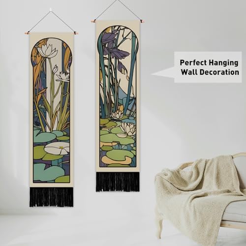 PLIGREAT 2 Pack Mucha Pond Style Tapestry Vertical Art Lotus Wall Hanging with Tassels Aesthetic Wall Tapestry for Bedroom Bathroom Living Room Long Narrow Home Art Decor, 52"x13" - color: green,blue