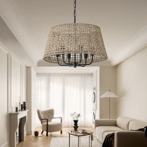 20"Rattan Large Boho Chandelier Ceiling Light Fixture, 6-Light Farmhouse Wicker Hand-Woven Chandelier Rattan Ceiling Pendant light Fixture for Dining Room Bedroom Hallway Kitchen Island(Black) - color: Black 6-Light 20" T-Shape