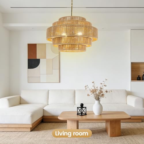 BoostArea 5-Tier Boho Chandelier Light Fixture,20" Hand Woven Pendant Lights Kitchen Island,Large Farmhouse Pendant Light for Kitchen,Dining Room,Hallway, Foyer - color: Gold & Brown