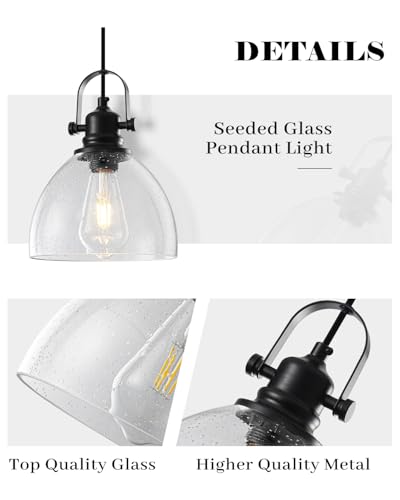 Black Pendant Lights Kitchen Island 2 Pack, 7.5" Seeded Glass Pendant Lights, Vintage Industrial Pendant Light Kitchen Island, Farmhouse Pendant Lighting for Kitchen, Dining Room, Bar, Cafe - color: Seeded Glass-Black+Cord, size: 2-Pack
