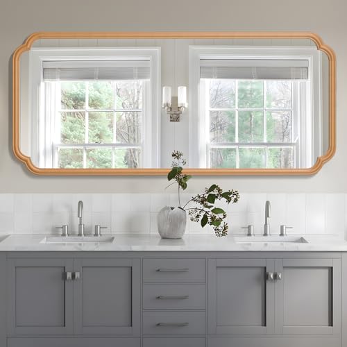 Ferytange Natural Wood Framed Bathroom Mirror for Wall, 60X24 Inch Wood Bathroom Vanity Mirror Farmhouse, Large Rounded Rectangle Mirror, Tempered Glass, Hangs Horizontally or Vertically - color: Natural Wood, size: 60"L x 24"W