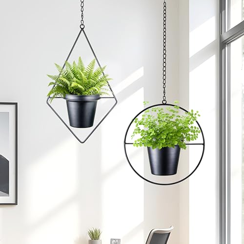 Modern Metal Hanging Planters Set of 2 - Round and Diamond Geometric Plant Hangers with 5 Inch Pots - Black Wall and Ceiling Mount Flower Holders for Indoor Houseplants, Boho Home Décor - size: CIRCLE+DIAMOND - 5 INCH POT