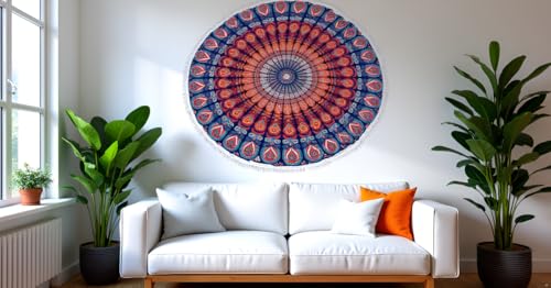 Mandala Round Beach Tapestry Boho Hippie Blanket Bohemian Large Table Cloth Home Decor Yoga Mat Meditation Picnic Rug Throw Hippy Gypsy Tablecloth Roundie (42 Inches, Orange And Blue) - color: Orange And Blue, size: 42"L x 42"W