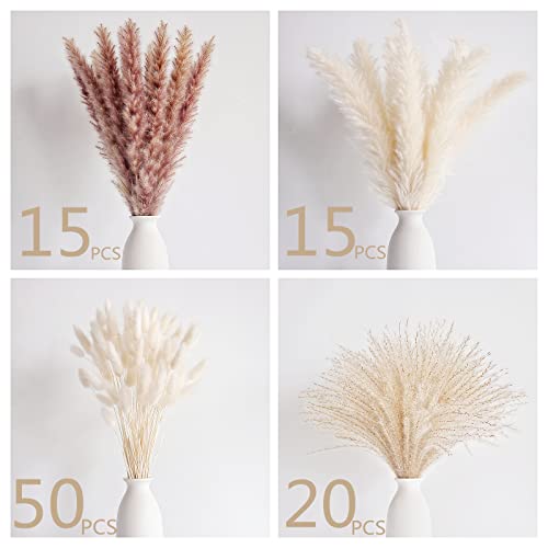 Natural Dried Pampas Grass Decor, 100 PCS Pampas Grass Contains White Bunny Tails Dried Flowers, Reed Grass Bouquet for Wedding Boho Flowers Home Table Decor, Rustic Farmhouse Party (17”) - size: 100PCS-B