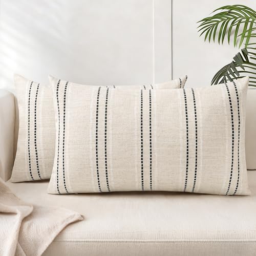 AELS 12x20 Decorative Farmhouse Linen Throw Pillow Covers, Boho Textured Pillow Case, Set of 2, Beige with White & Black Stitch Yarn Dyed Stripe Cushion Cover for Sofa Couch Living Room (Cover ONLY) - color: Beige With White & Black, size: 20" x 12" (Pack