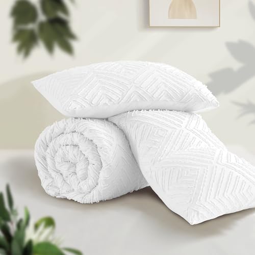 Andency White Comforter Full Size, 3 Pieces Boho Lightweight Fluffy Bedding Comforter Set for Full Bed, Tufted Farmhouse Design Bed Set for All Seasons (1 Comforter 79x90In, 2 Pillowcases) - color: 02 - White, size: Full (79"x90")