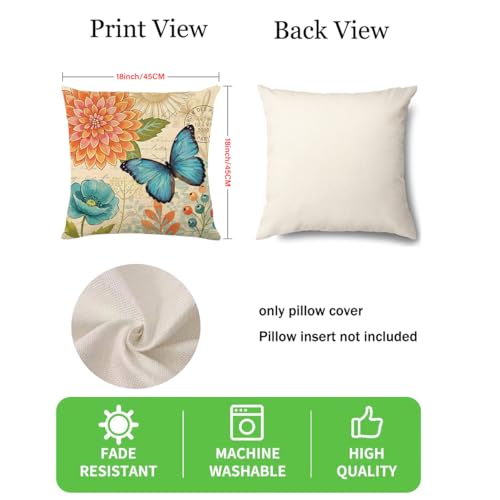 wyooxoo Spring Summer Pillow Covers 18x18 Set of 4 Farmhouse Throw Pillow Covers Linen Flower Butterfly Decorative Pillowcases for Sofa Couch Living Room Outdoor - color: Color D, size: 18" x 18" (Pack of 4)