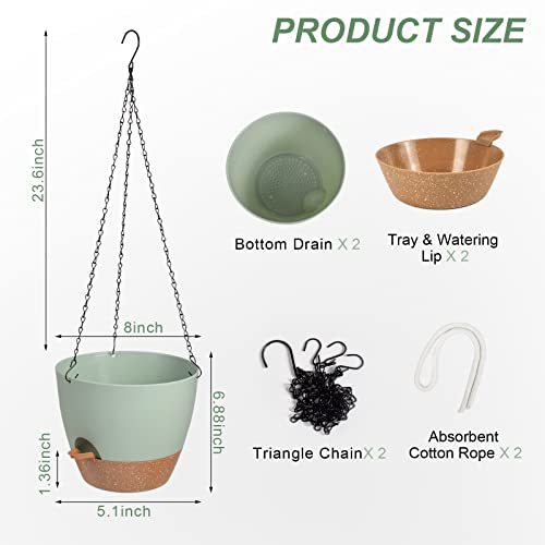 Vanslogreen Hanging Planters for Indoor Outdoor Plants, 2 Pack Self Watering Hanging Pot with Drainage Holes & Removable Tray (Green, 8'') - color: Green, size: 8''