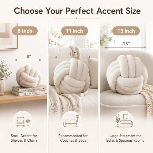 Petrella Beige Knot Ball Pillow, Handmade Soft Lambswool Round Throw Pillow for Couch, Bed and Living Room Decor, Medium Knotted Accent Cushion, 11 Inch - color: Beige, size: 11inch