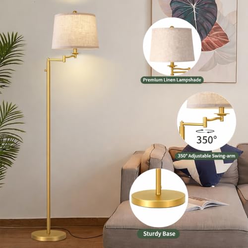Ruiever Dimmer LED Floor Lamp,Tall Standing Lamp with Swing Arm,Gold Lamp with Dimmer LED Bulb,Elegant Floor Lamp for Living Rooms & Bedroom (Gold) - color: Gold