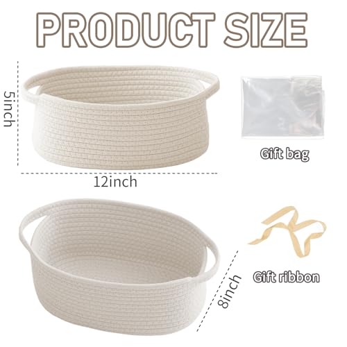 JMvicyroam Woven Basket,Small Rope Storage Bin with Handles & Ribbon Bag, Organizer for Shelves Closets,Gift Basket Empty for Birthday,Books,Dog Toys,White/2 Pack - color: White, size: 2 Pack