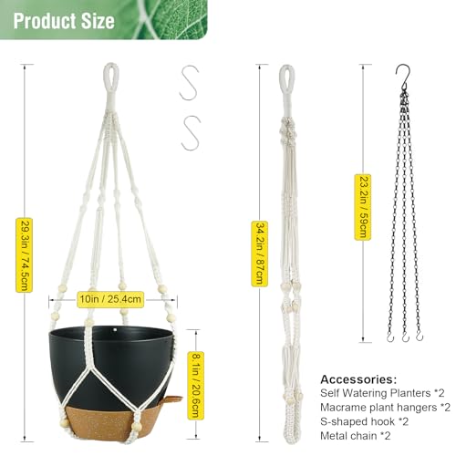 Meowell 10 inch Self Watering Hanging Planters, 2 Pack Hanging Flower Pots for Indoor Outdoor Plants, Hanging Baskets with Drainage Holes & 2 Kinds of Plant Hangers for Garden Home Decor, Black Brown - color: Black With Brown