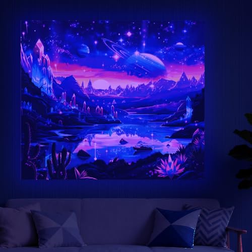 CRAFTYMELODY Alien Planet Blacklight Tapestry Glow in the Dark Tapestry UV Reactive Lake Mountain Star Wall Hanging 59×51 Inch with Hook Self Adhesive Sticker Clip for Bedroom Home Wall Decoration - color: Alien Landscape