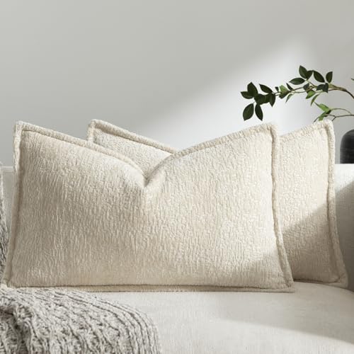 DEZENE Pack of 2 Beige Decorative Throw Pillow Covers 12x20 Cozy Soft Chenille Boho Accent Vintage Farmhouse Rectangular Lumbar Couch Pillow Covers for Home Decor Bed Sofa Living Room - color: Beige, size: 20" x 12" (Pack of 2)