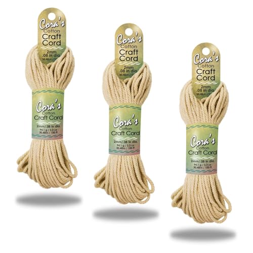 Cora's Cotton Macrame Cord | 2mm x 100ft 3-Pack | Braided Cotton Cord for Macrame | Macrame, DIY Crafts, Plant Hangers, Wall Hanging, Crochet | Durable, Long Lasting, Vibrant (Fawn) - color: Fawn