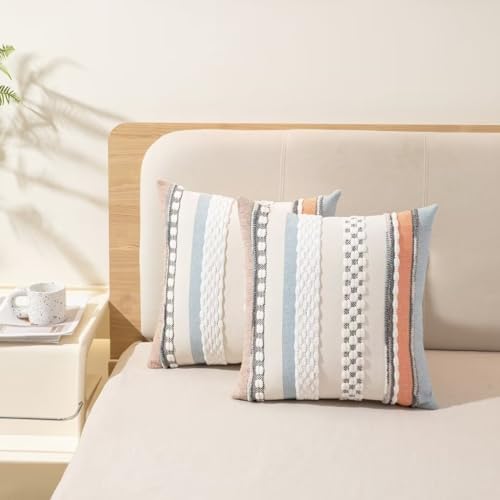 Boho Throw Pillow Covers 18x18 Set of 2 Farmhouse Decorative Cushion Case Striped Square Pillows Cover Chenille Pillow Cases Accent Neutral Pillowcase for Sofa Couch Bed,Orange-Blue - color: Orange-blue Stripe