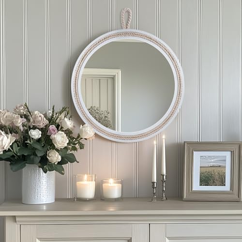 Nautical Round Wall Mirror with Rope 20'' White Circle Hanging Mirror Nursery Coastal Beachy Wall Mirror Decorative Mirror for Bathroom,Livingroom,Entryway-Nautical Theme Décor - size: 20"L x 20"W