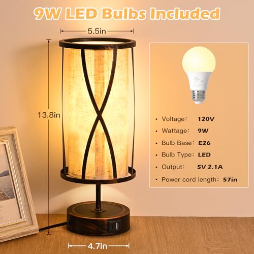 Distressed Table Lamps for Living Room, 3 Way Dimmable Touch Lamps, Small Bedside Lamps with LED Bulbs, USB Ports C+A, Nightstand Lamp for Kids Room, Bedroom, Office (2 Pack Iron) - size: 2 Pack Iron