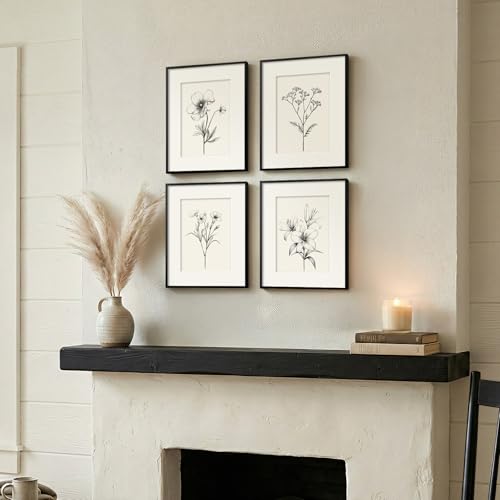 Framed Black and White Botanical Wall Art for Bathroom, 4 Piece Minimalist Floral Plant Artwork for Walls, Vintage Farmhouse Flower Picture Prints for Bedroom Kitchen Living Room Wall Decor, 8x10 Inch - color: Black and White, size: 8" W x 10" H x 4pcs