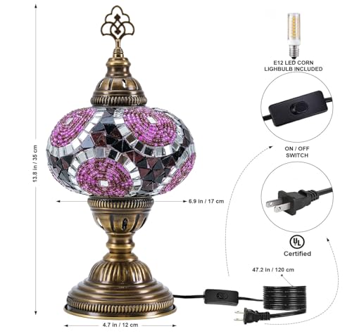 Turkish Lamp, Mosaic Table Lamp, Antique Moroccan Decorative Glass Bohemian Vintage Lamp Shade, Small Desk Tiffany Bedside Stained Glass Lamp with US Plug and E12 Socket - color: Purple-12