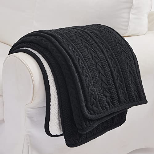 Longhui bedding Black Acrylic Cable Knit Sherpa Throw Blanket - Thick, Soft, Big, Cozy Knitted Fleece Blankets for Couch, Sofa, Bed - Large 60 x 80 Inches Coverlet All Season - color: Black, size: 60"x80", Oversize