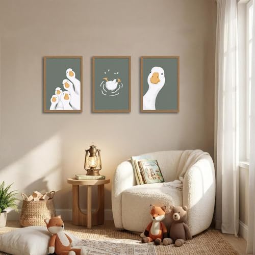 3pcs Framed Funny Goose Wall Art, Dark Green Animal Poster Adorable Goose Family Canvas - Ready To Hang - Modern Minimalist Picture For Living Room, Nursery, Bedroom Decor 16x24in - color: Funny Silly Goose, size: 16x24in