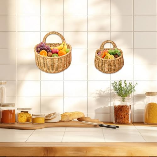 Wicker Wall Hanging Baskets,2 Pcs Handmade Rattan Hanging Wall Baskets for Plants,Flowers,Fruit,Vegetable and Magazines,Woven Wall Mount Decorative Basket for Kitchen, Living Room (Round) - color: Round