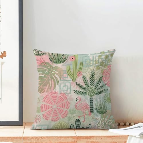 Boho Pink Green Floral Pillow Covers 18x18 Set of 2, Colorful Neutral Outdoor Decorative Botanical Flowers Tropical Leaves Throw Pillows Retro Flower Couch Cushion Case for Chair Sofa Bedroom - color: Vc11, size: 18" x 18" (Pack of 2)