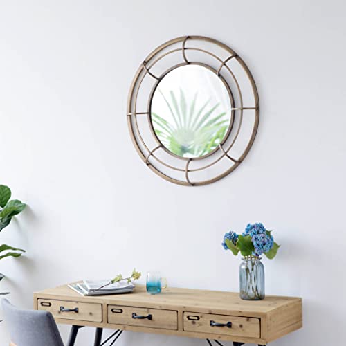PARISLOFT 28" Geometric Metal Round Wall Mirror,Sunburst Mirror Wall Decor for Living Room,Antique Bronze