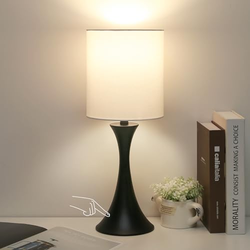 Seaside village 3 Way Touch Control Table Lamp, Modern Bedside Lamp for Bedroom, Dimmable Black Nightstand Lamp White Shade Desk Reading Light for Living Room Office Dorm, 3000K LED Bulb Included - color: Black Base with White Shade