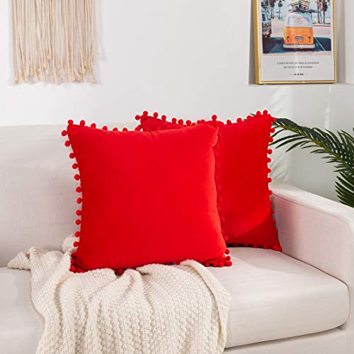 Elegant Comfort POM-POMS Fringe Velvet Cushion Covers Set of 2, Velvet Soft Solid Decorative Square Throw Pillow Covers Set Cushion Case for Couch Bed, Livingroom 18 x 18 Inch (45 x 45 cm), Red - color: Red, size: 18" x 18" (Pack of 2)