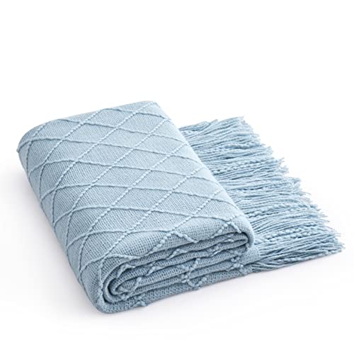 Acrylic Knitted Throw Blanket, Lightweight and Soft Cozy Decorative Woven Blanket with Tassels for Couch, Bed, Sofa, Travel, Suitable for All Seasons, 50 x 60 Inches, Light Blue - color: Light Blue