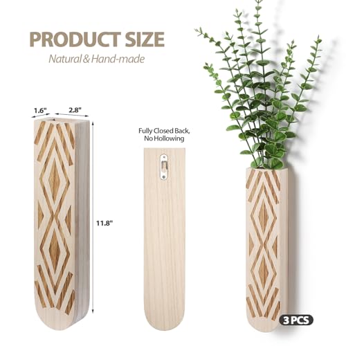 3 Pack Wood Wall Planter, Boho Wall Art for Entryway and Bathroom Decor, Modern Farmhouse Decor, Wall Decor Vase for Holding Fake Plants and Dried Flowers - color: Log Color-b