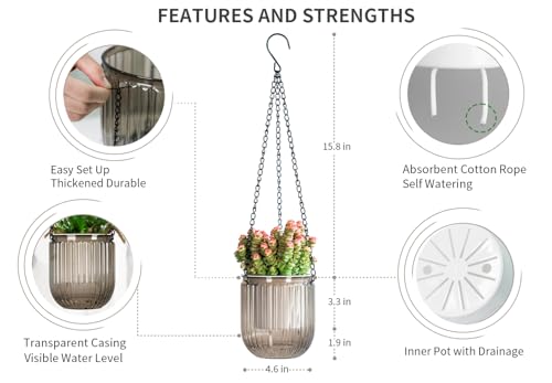 Josteve 4.5 Inch 2 Pcs Self Watering Hanging Planter Indoor Plant Pots Drainage Holes, Outdoor Small Hanging Planters Flower Pot Basket, Visible Water Level, Plant Hanger Home Decor, Gardening - color: Gray, size: 2*4.5 inch