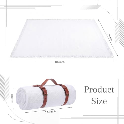 Frienda 70 x 102 Inch Extra Large White Outdoor Picnic Blanket Woven Cotton Yarn Blanket with Fringe and Leather Storage Strap Boho Decor for 6 to 8 Camping Lawn Wedding Photoshoot Beach Park Grass - color: White, size: 70 x 102 Inch