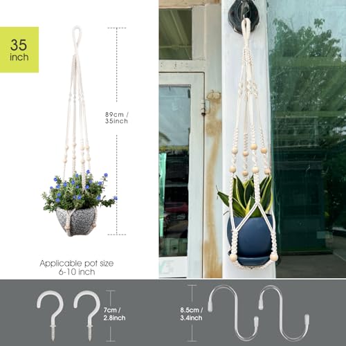 RIFNY Macrame Plant Hanger for 5 to 10 Inch Plant Pots, 35 Inch Indoor Handmade Woven Rope Hanger Kits with Hooks and Wood Beads, Hanging Planter Basket Holder for Boho Home Decor (White, 3 Pack) - color: White, size: 35 Inch 3 Pack