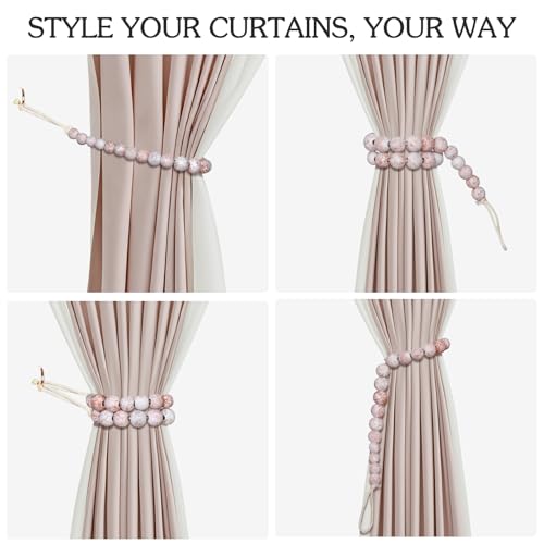Hion 2 Pcs Boho Curtain Tiebacks,Wood Beads Curtain Holdbacks,Outdoor Farmhouse Tie Backs for Curtains,Curtain Holders for Drapes Home Office Decor with Hooks(White Washed) - color: White Washed, size: 2 Pack