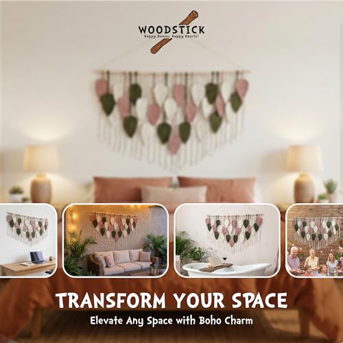 WOODSTICK Large Macrame Wall Hanging 52.3"W x 31"L - Boho Wall Decor in Beige, Old Pink & Green - Chic Woven Leaf Leaves Boho Tapestry, Handmade Cotton Fiber Art, Macrame Wall Décor, Bedroom Tapestry - size: 31"L x 52.3"W