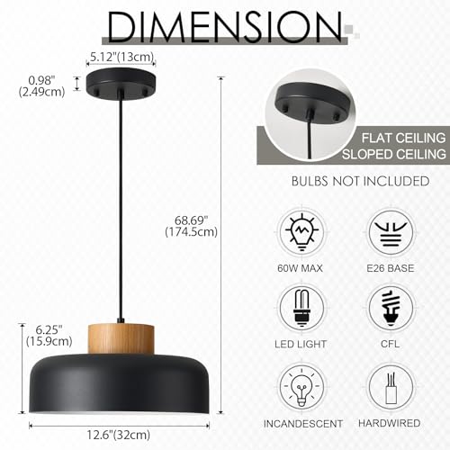 Modern Farmhouse Pendant Lights, 12.6 inch,Natural Wood Cap, Small Simple Ceiling Light Fixture for Kitchen Island, Dining Area, Matte Black - color: Black, size: 12.6 inches