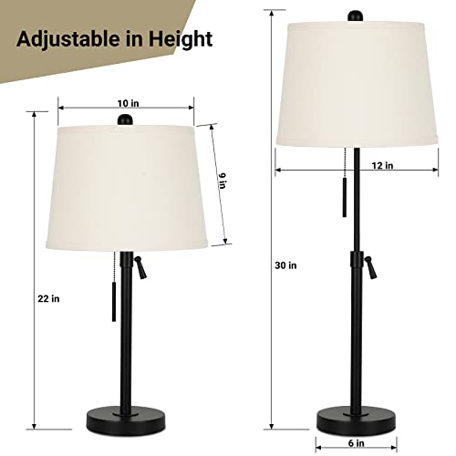 Bedside Table Lamps Set of 2: Tall Black Table Lamps for Living Room End Table | Height Adjustable 3-Way Dimmable Nightstand Lamp with Pull Chain Switch Modern Lamps for Bedroom Office(Bulbs Included) - color: Black+Beige Shade Set of 2