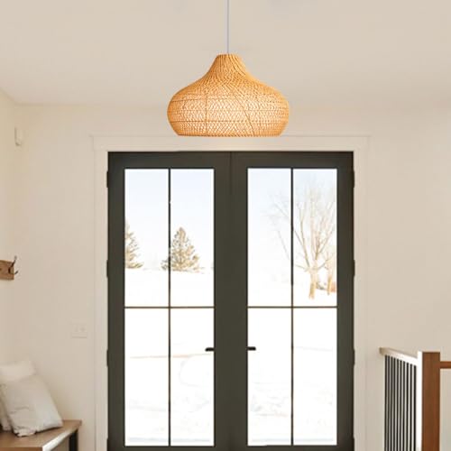 Natural Rattan Pendant Light for Kitchen Island, Ceiling Light Wicker Lampshade Lantern 14.1" Bamboo Lamp Hanging Light Ceiling Lighting Fixture Suitable for E26/27 Lamp Holder - color: Natural