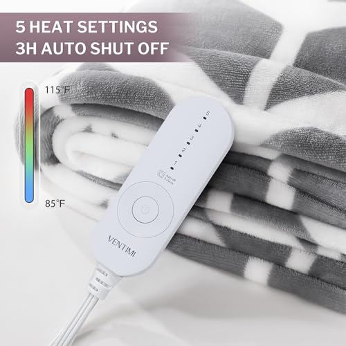 VENTIMI Electric Blanket Heated Throw, 50" x 60" Heated Blanket with 5 Heat Levels & 3 Hours Auto Off, Fast Heating Blankets with ETL & FCC Certification, Grey - color: Grey, size: Throw