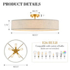 VILUXY Gold Semi-Flush Mount Ceiling Light Fixture 24" Large Modern Ceiling Light with Linen Fabric Drum Shade 5-Light Round Ceiling Lamp for Bedroom Dining Room Entryway - color: Gold&Linen
