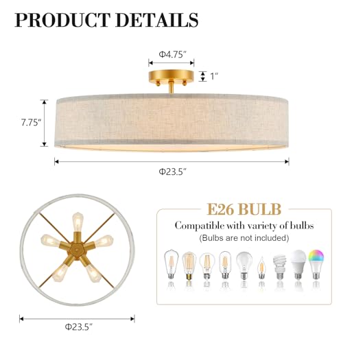 VILUXY Gold Semi-Flush Mount Ceiling Light Fixture 24" Large Modern Ceiling Light with Linen Fabric Drum Shade 5-Light Round Ceiling Lamp for Bedroom Dining Room Entryway - color: Gold&Linen
